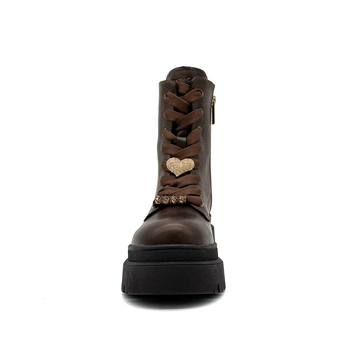 Renato Garini 671-62RG12 brown platform combat boot with gold-tone accents and heart charm, front view.
