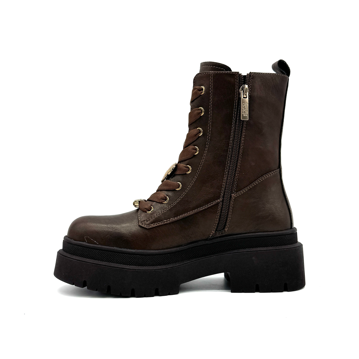 Renato Garini 671-62RG12 brown platform combat boot, inside profile showing the side zipper and lug sole.