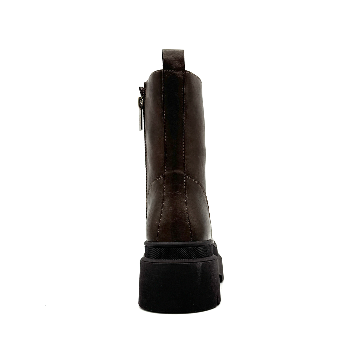 Renato Garini 671-62RG12 brown platform combat boot, rear view with back pull tab and chunky lug sole.