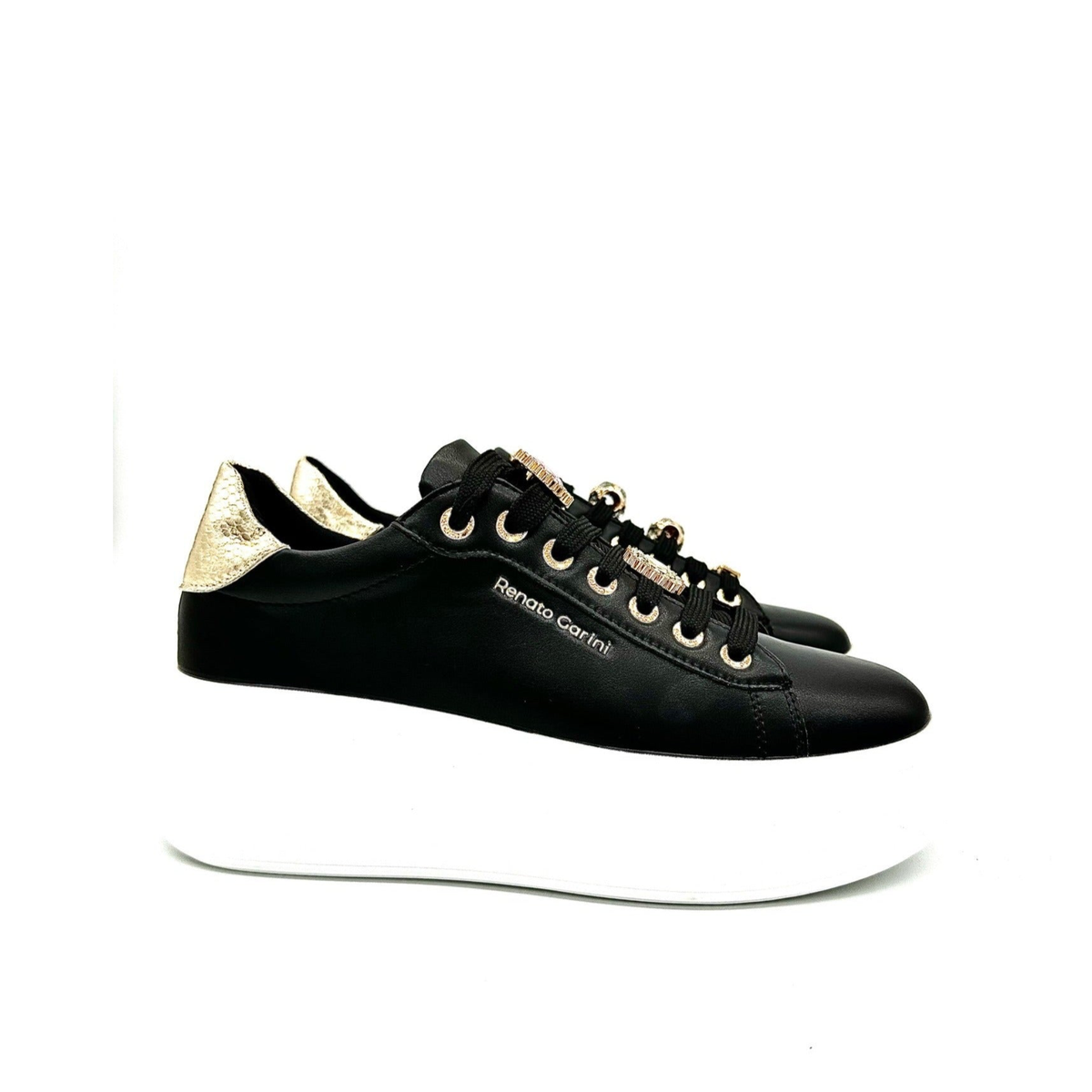 RENATO GARINI 88-32 black embellished lace-up platform sneakers, side profile of the pair with embellished laces, gold-tone heel panels and white platform soles