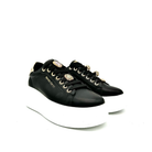 RENATO GARINI 88-32 black embellished lace-up platform sneakers, three-quarter view of the pair showing sparkling lace ornaments and rounded toes