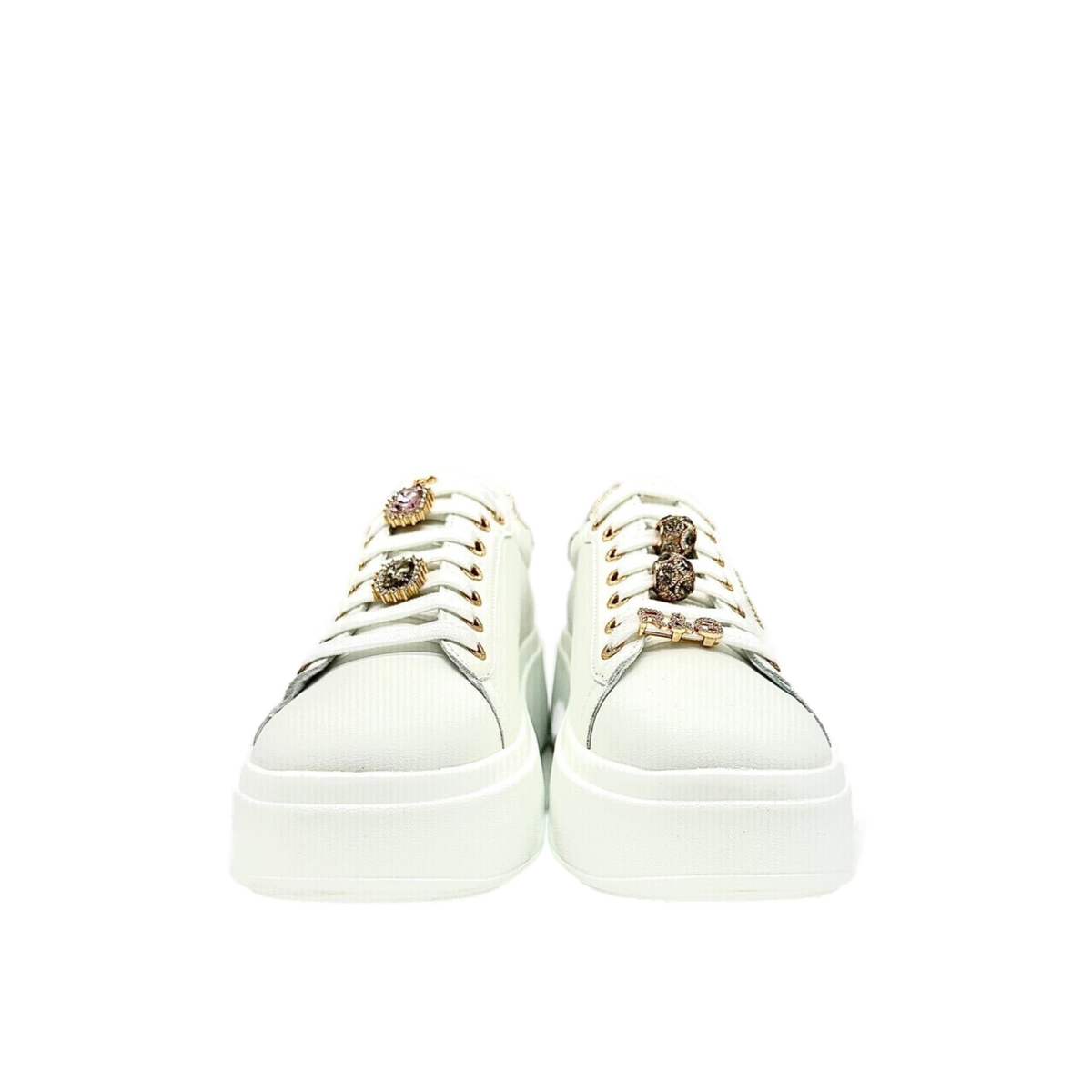 RENATO GARINI 88-32 white embellished lace-up platform sneakers, front view of the pair showing removable stone lace embellishments and platform soles