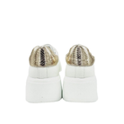 RENATO GARINI 88-32 white embellished lace-up platform sneakers, rear view of the pair showing shimmering gold-tone heel panels above white platform soles