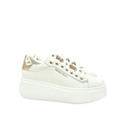 RENATO GARINI 88-32 white embellished lace-up platform sneakers, side profile of the pair with embellished laces, gold-tone heel panels and white platform soles