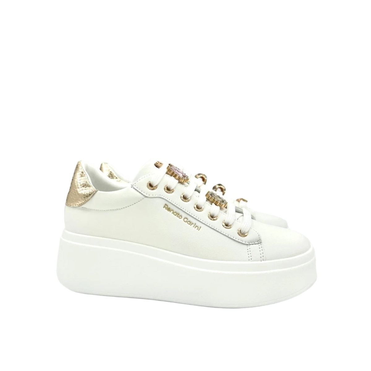 RENATO GARINI 88-32 white embellished lace-up platform sneakers, side profile of the pair with embellished laces, gold-tone heel panels and white platform soles