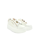 RENATO GARINI 88-32 white embellished lace-up platform sneakers, three-quarter view of the pair showing sparkling lace ornaments and rounded toes