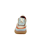 Front view of Renato Garini Alexis sky blue knit platform sneaker showing laces, rounded toe and contrast whipstitch trim