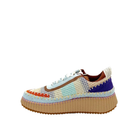 Inside profile of Renato Garini Alexis sky blue knit platform sneaker showing textured panels, suede-look overlays and contrast stitching