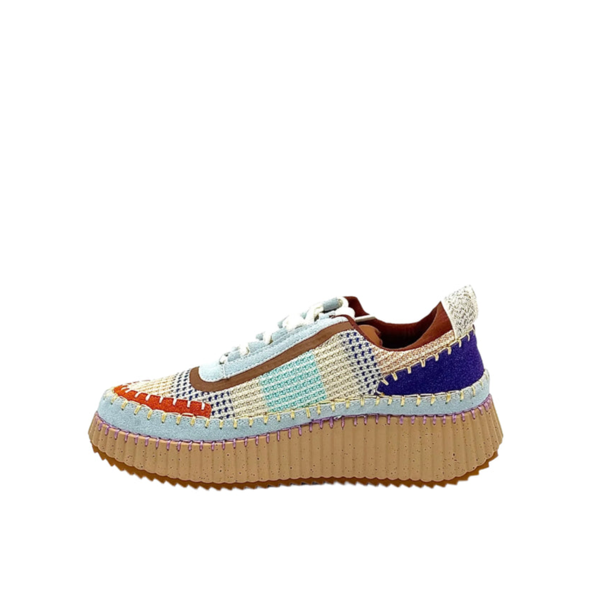 Inside profile of Renato Garini Alexis sky blue knit platform sneaker showing textured panels, suede-look overlays and contrast stitching
