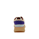 Rear view of Renato Garini Alexis sky blue platform sneaker showing patterned heel panel, whipstitch detailing and tan sole