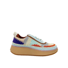 Renato Garini Alexis sky blue knit platform sneaker with orange and brown accents, lilac stitching and tan sole, side profile