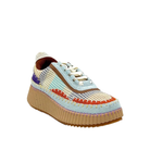 Renato Garini Alexis sky blue knit platform sneaker with orange and brown accents, lilac stitching and tan sole, three-quarter view
