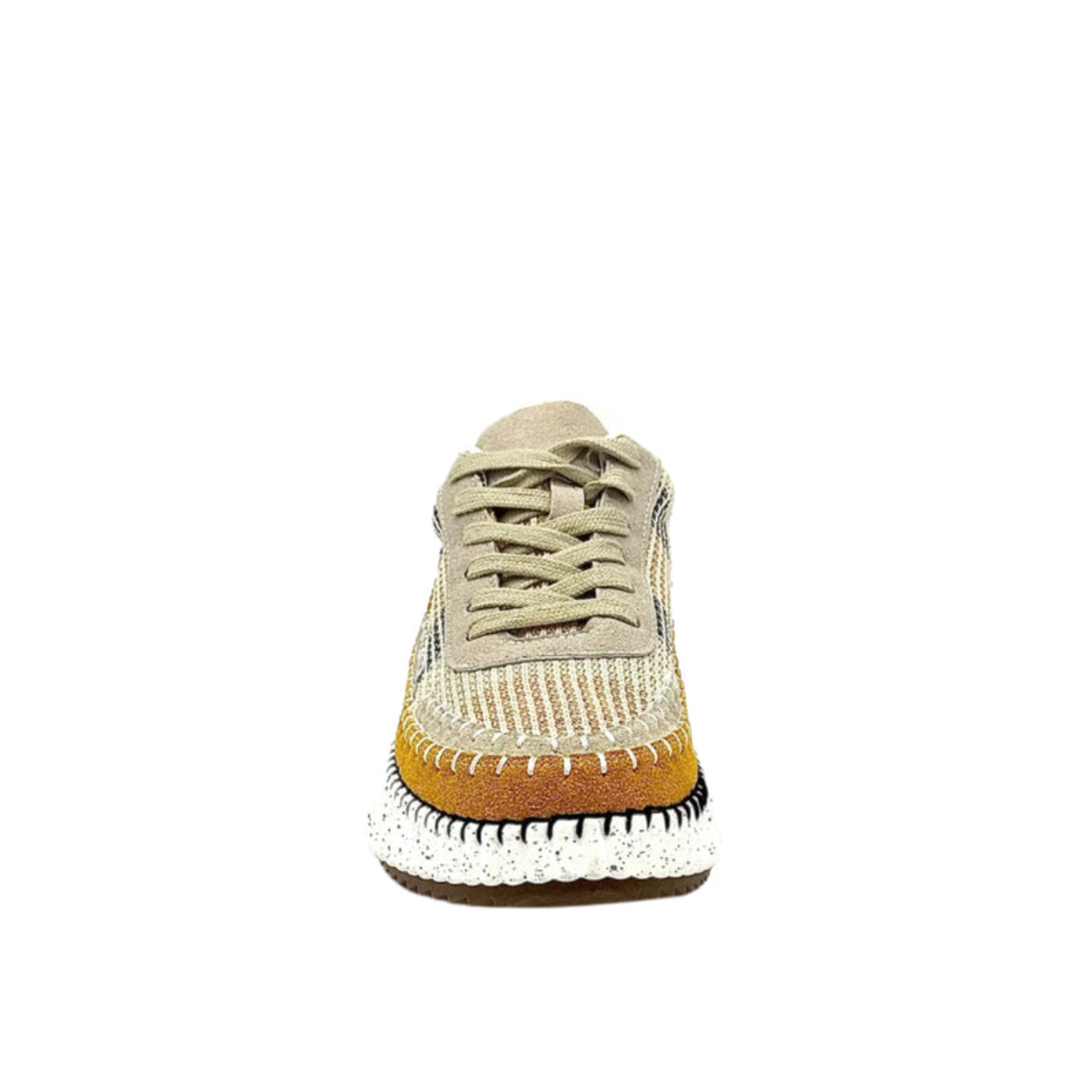 Front view of Renato Garini Alexis beige multi knit platform sneaker showing laces, rounded toe and contrast whipstitch trim