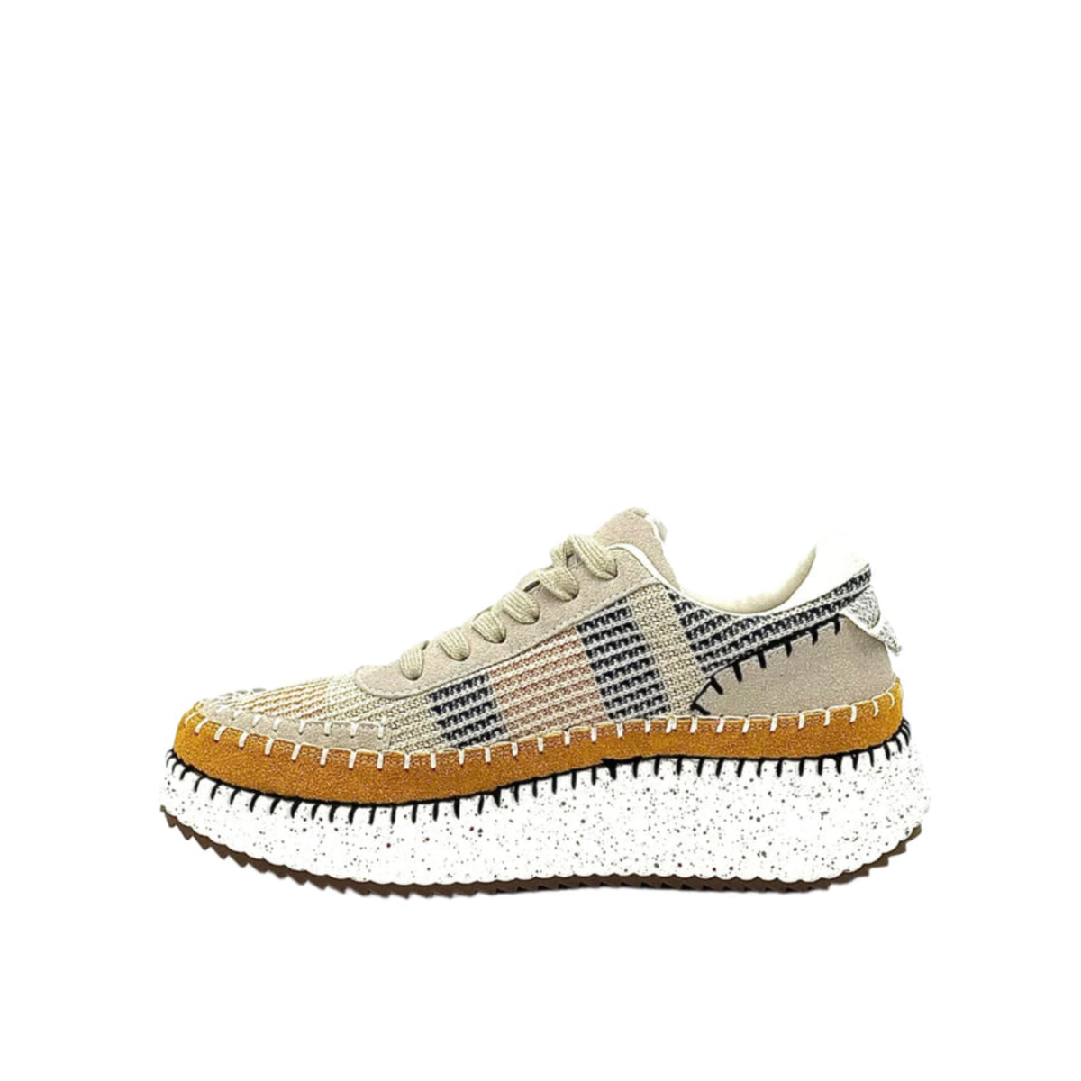 Inside profile of Renato Garini Alexis beige multi knit platform sneaker showing textured panels, suede-look overlays and contrast stitching