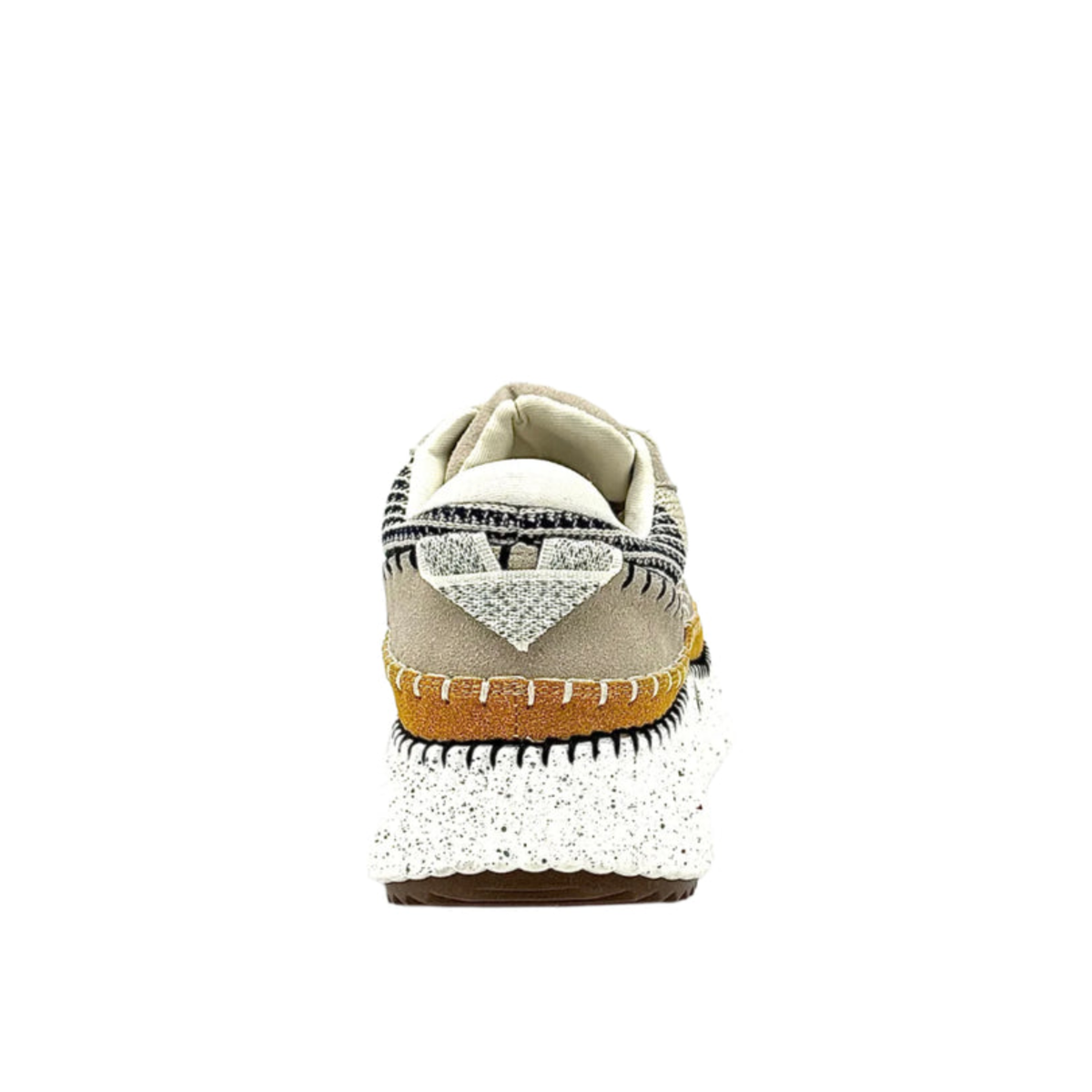 Rear view of Renato Garini Alexis beige multi platform sneaker showing patterned heel panel, whipstitch detailing and white speckled sole