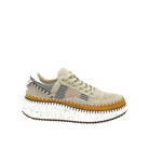 Renato Garini Alexis beige multi knit platform sneaker with mustard suede-look trim, whipstitch detailing and white speckled sole, side profile