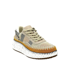 Renato Garini Alexis beige multi knit platform sneaker with mustard suede-look trim, whipstitch detailing and white speckled sole, three-quarter view