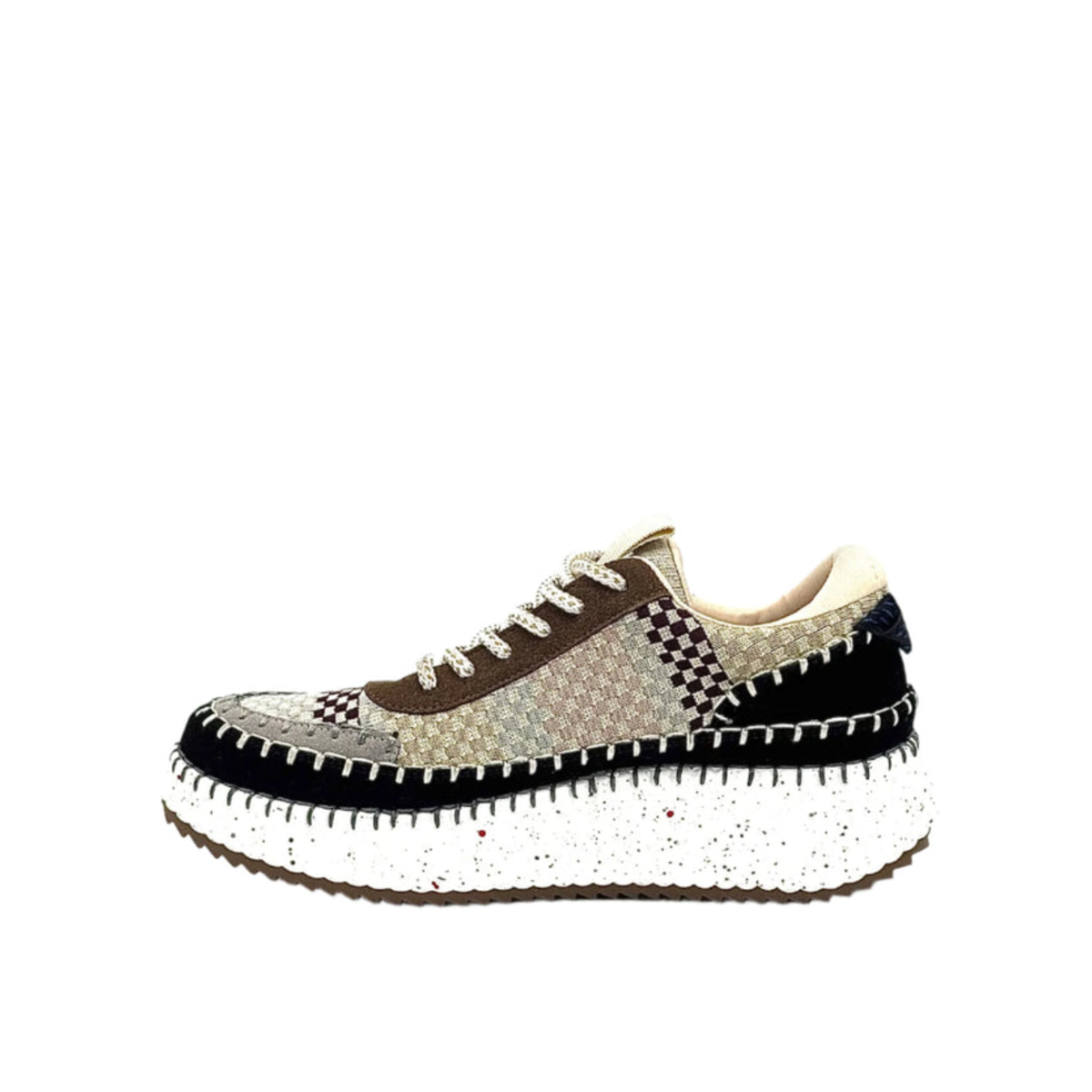 Inside profile of Renato Garini Alexis black multi knit platform sneaker showing textured panels, suede-look overlays and contrast stitching