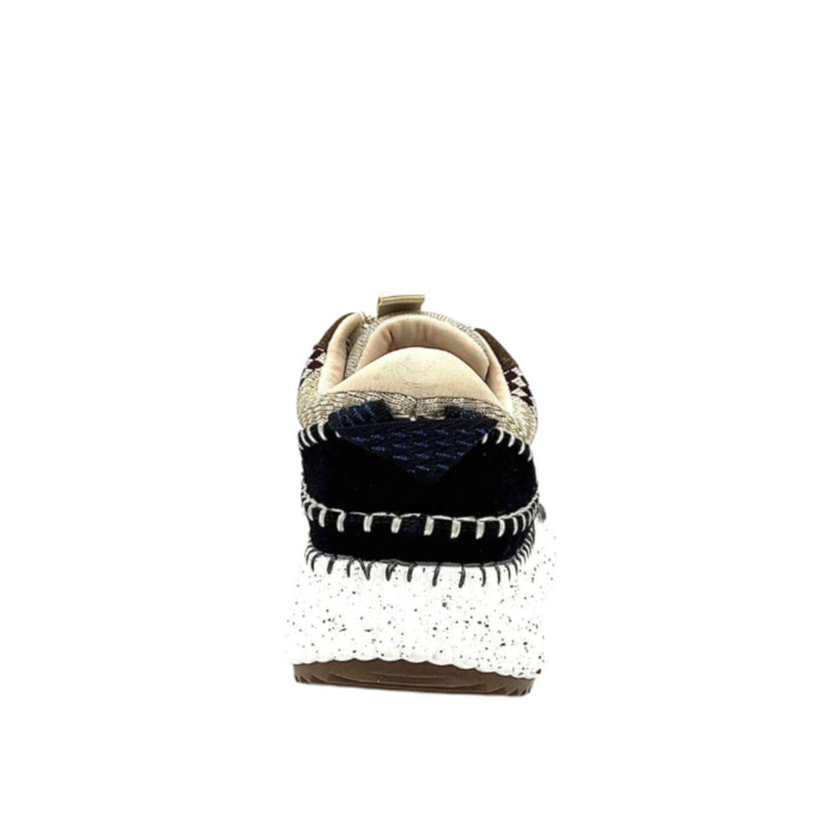 Rear view of Renato Garini Alexis black multi platform sneaker showing patterned heel panel, whipstitch detailing and white speckled sole