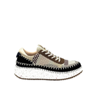 Renato Garini Alexis black multi knit platform sneaker with black suede-look toe band, brown accents and white speckled sole, side profile