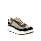 Renato Garini Alexis black multi knit platform sneaker with black suede-look toe band, brown accents and white speckled sole, three-quarter view