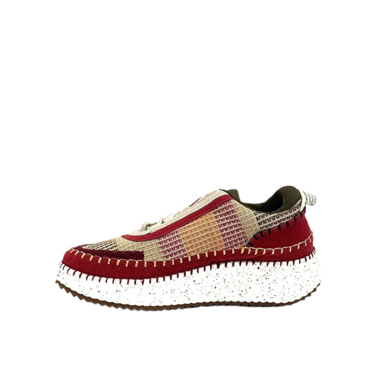 Inside profile of Renato Garini Alexis burgundy knit platform sneaker showing textured panels, suede-look overlays and contrast stitching