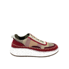 Renato Garini Alexis burgundy knit platform sneaker with red suede-look trim, contrast whipstitch and white speckled sole, side profile
