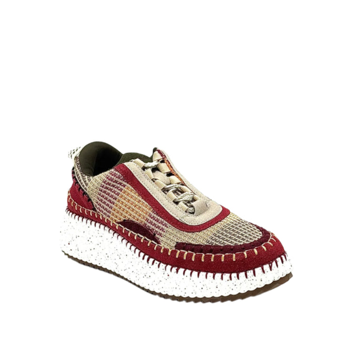 Renato Garini Alexis burgundy knit platform sneaker with red suede-look trim, contrast whipstitch and white speckled sole, three-quarter view
