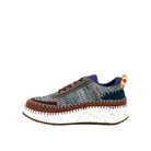 Inside profile of Renato Garini Alexis purple multi knit platform sneaker showing textured panels, suede-look overlays and contrast stitching