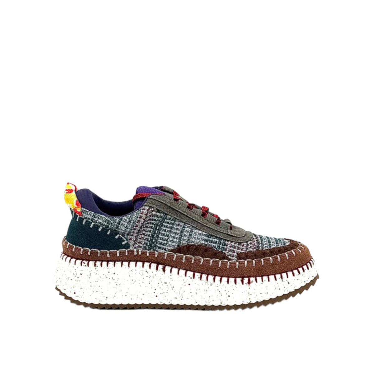 Renato Garini Alexis purple multi knit platform sneaker with grey and brown suede-look trim, red laces and white speckled sole, side profile