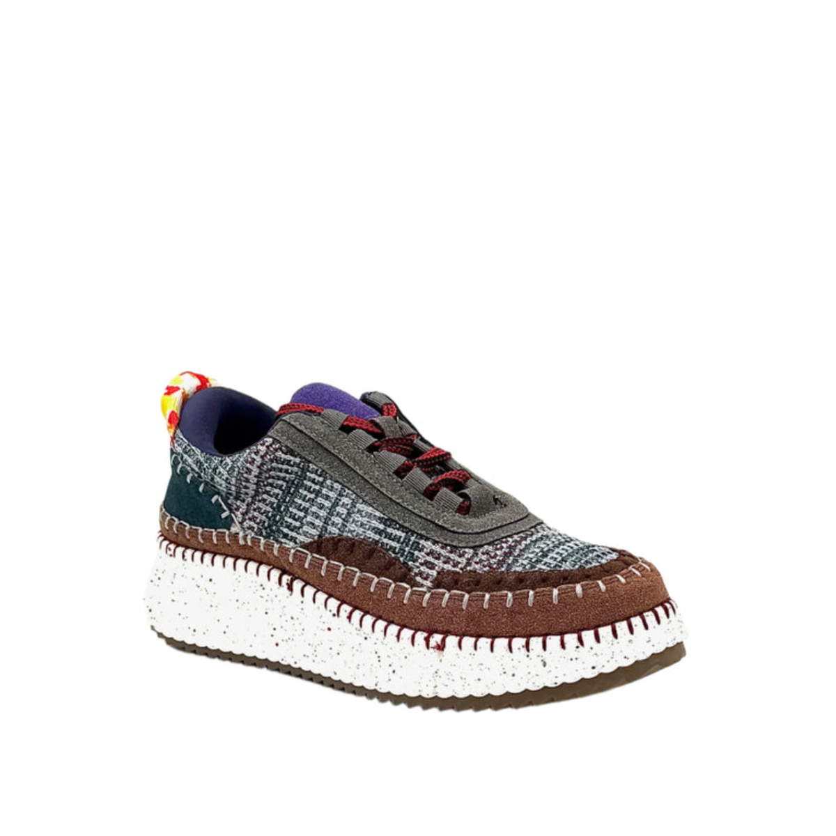 Renato Garini Alexis purple multi knit platform sneaker with grey and brown suede-look trim, red laces and white speckled sole, three-quarter view
