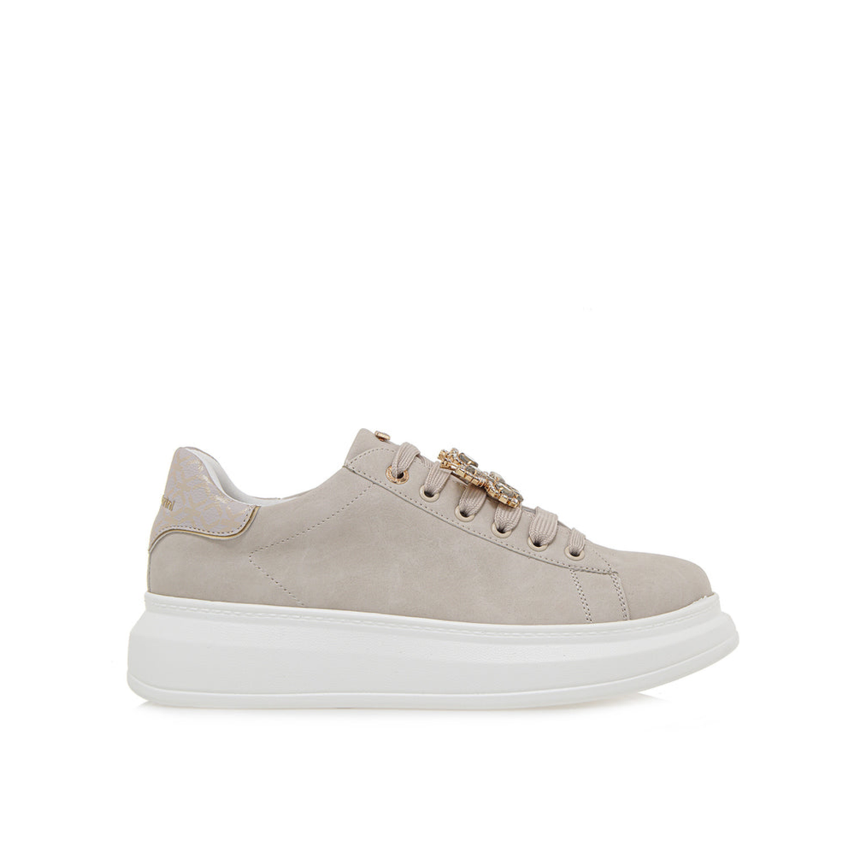 Renato Garini Butterfly beige platform sneaker with jeweled lace accents and white sole, side profile