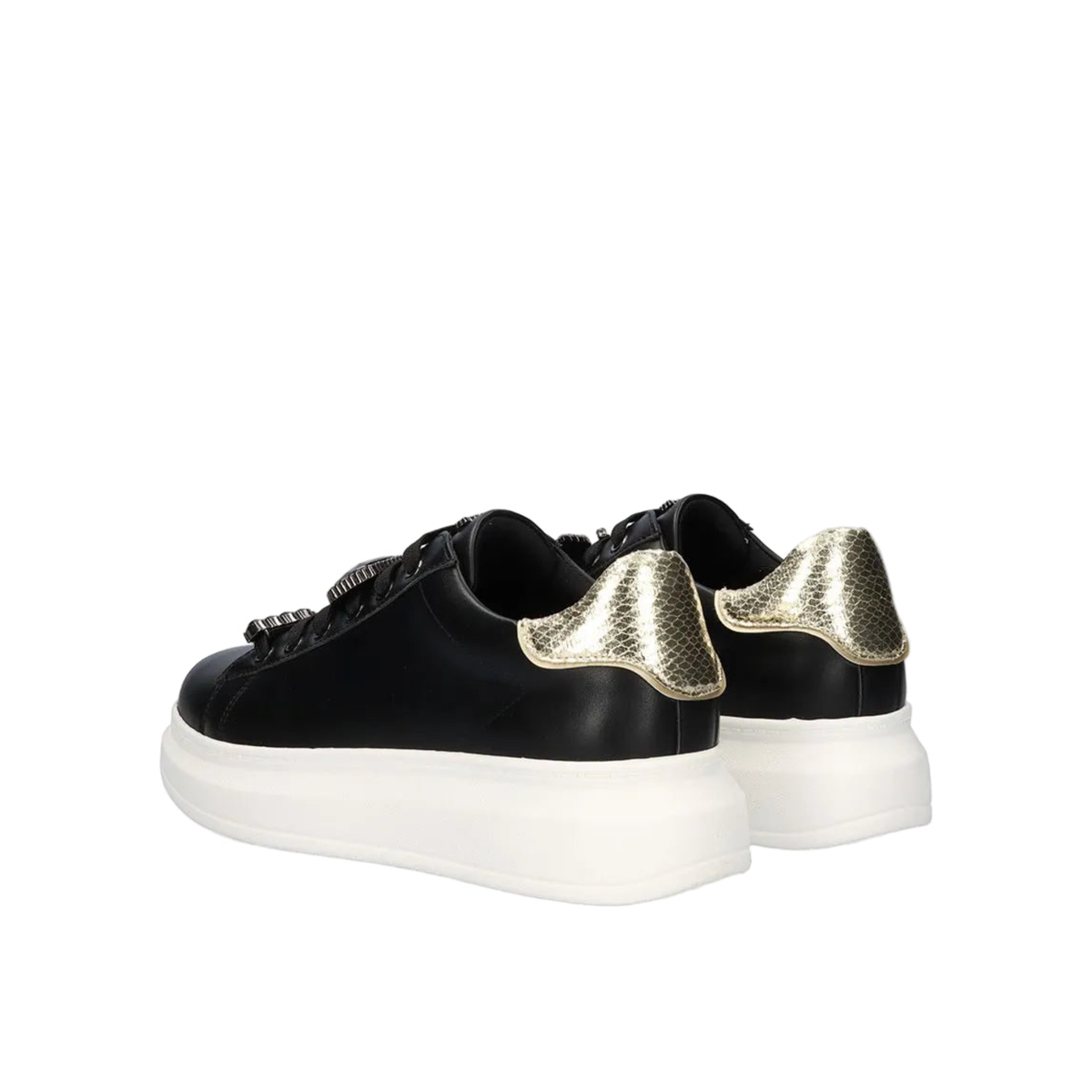 Rear angled view of Renato Garini Butterfly black platform sneakers with textured gold-tone heel panels and thick white soles