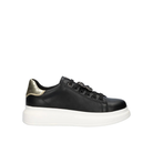 Renato Garini Butterfly black platform sneaker with jeweled lace detail, gold-tone textured heel panel and white sole, side profile
