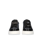 Front view of Renato Garini Butterfly black platform sneakers showing a jeweled butterfly on one shoe and faceted jewel accents on the other