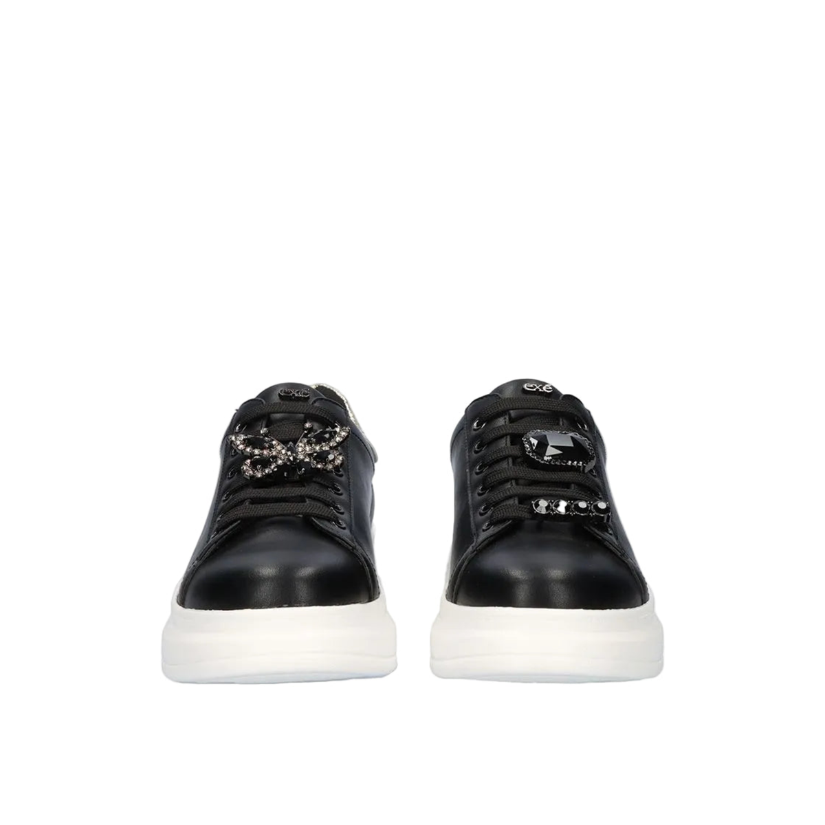 Front view of Renato Garini Butterfly black platform sneakers showing a jeweled butterfly on one shoe and faceted jewel accents on the other