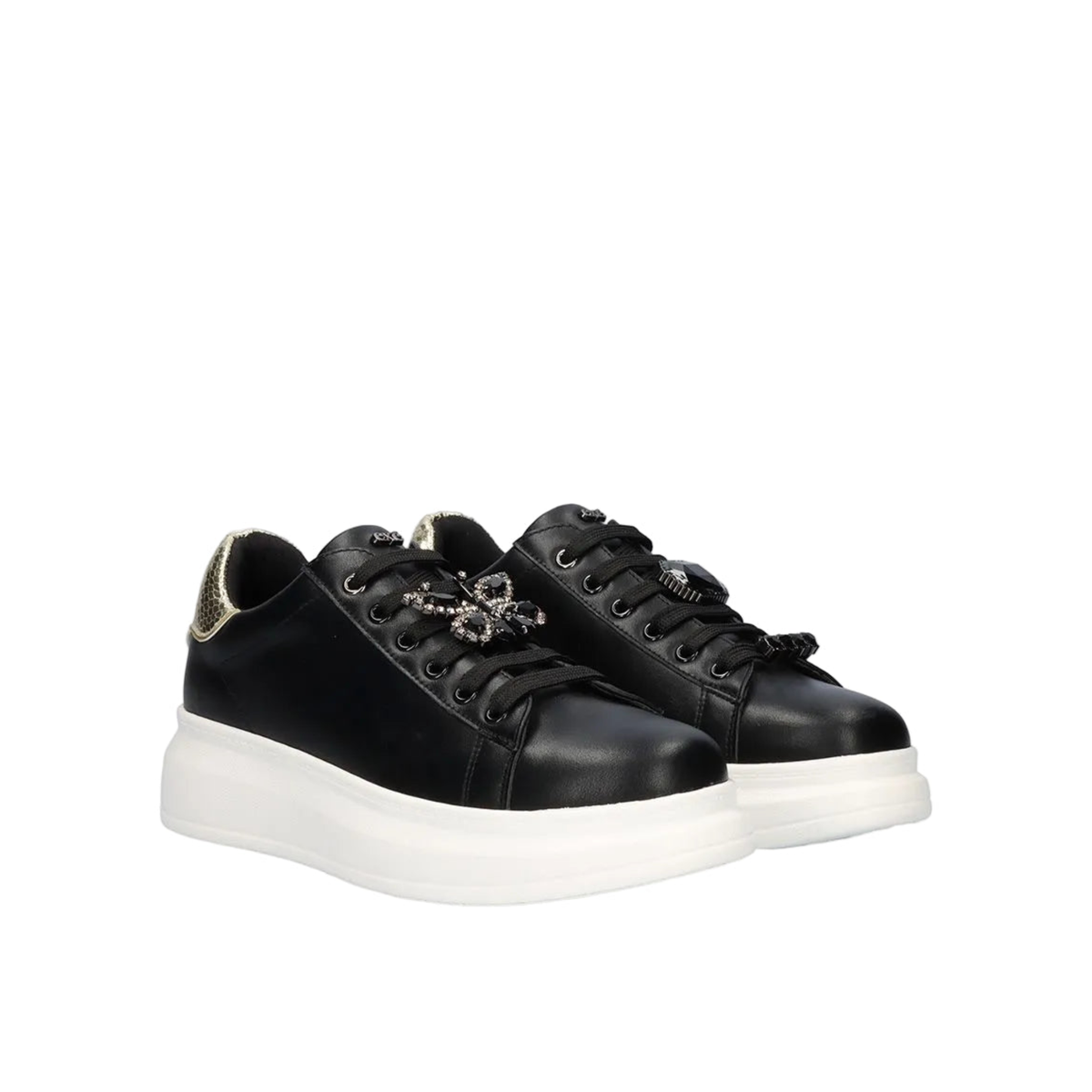 Pair of Renato Garini Butterfly black platform sneakers with butterfly and jewel lace ornaments, gold-tone heels and white soles, three-quarter view