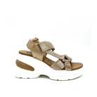 RENATO GARINI DMD-230826-2 platform sandal in Champagne/Bronze, side profile showing metallic panels and a sculpted white platform