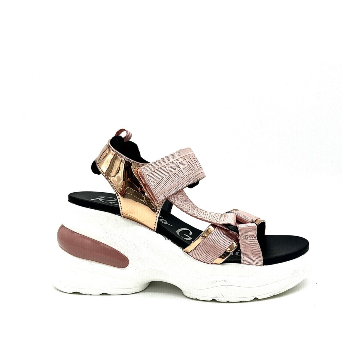 RENATO GARINI DMD-230826-2 platform sandal in Gold/Pink, side profile showing metallic panels and a sculpted white platform