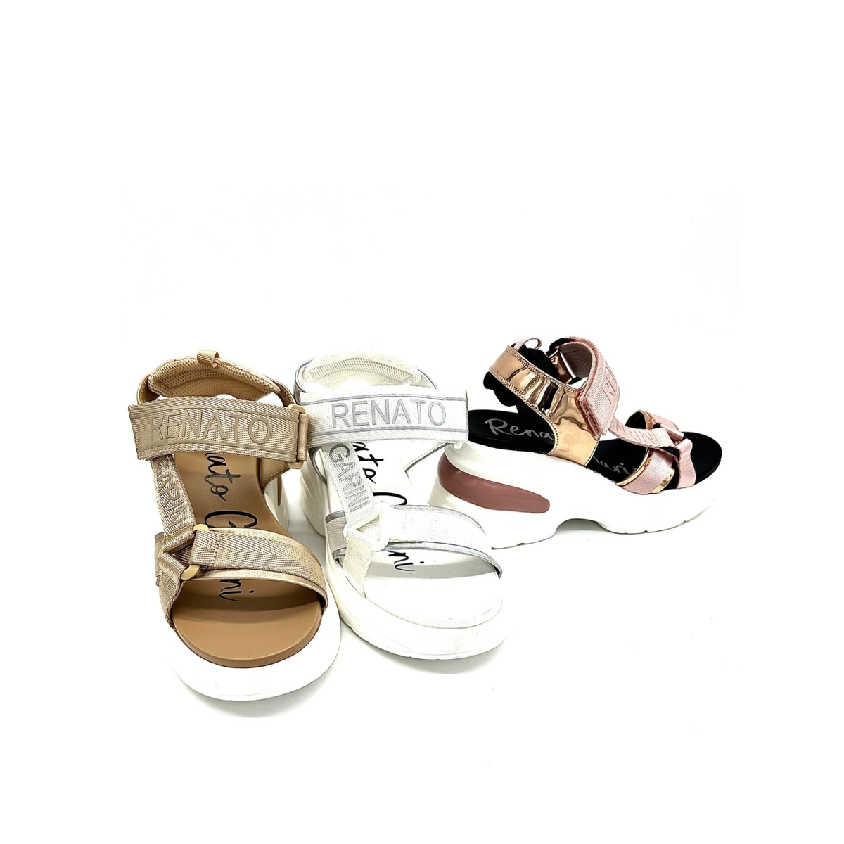 RENATO GARINI DMD-230826-2 metallic platform sandals in Gold/Pink, White/Silver and Champagne/Bronze, group front view