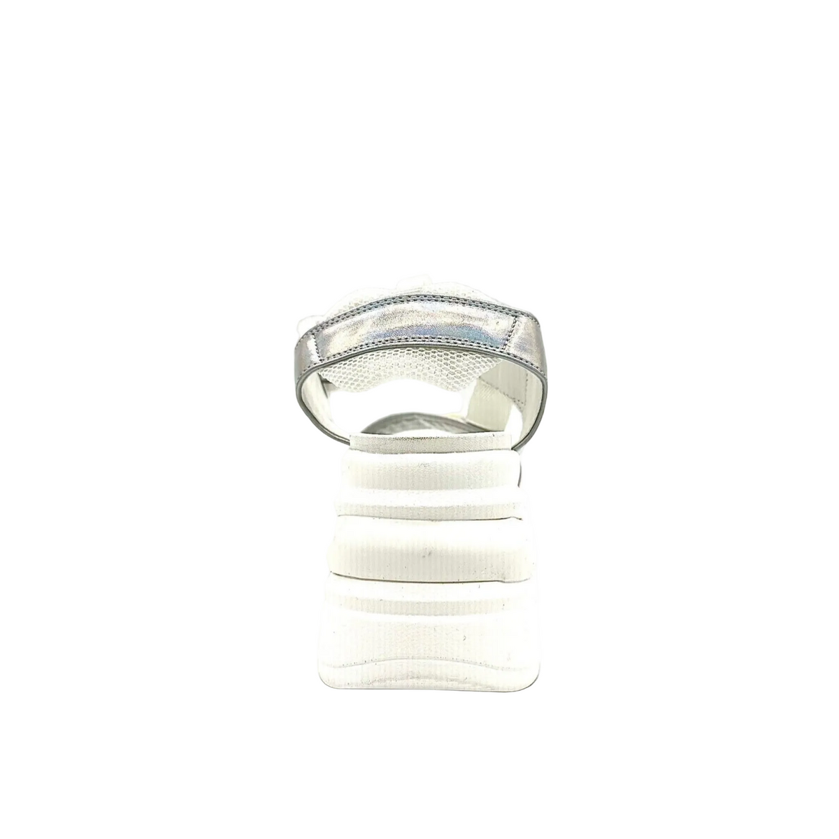 RENATO GARINI DMD-230826-2 platform sandal in White/Silver, rear view showing the ankle strap and contrasting heel accent