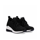 Pair of Renato Garini EX13 black embellished knit wedge sneakers at a three-quarter angle, showing lace-up fronts and black-and-white soles