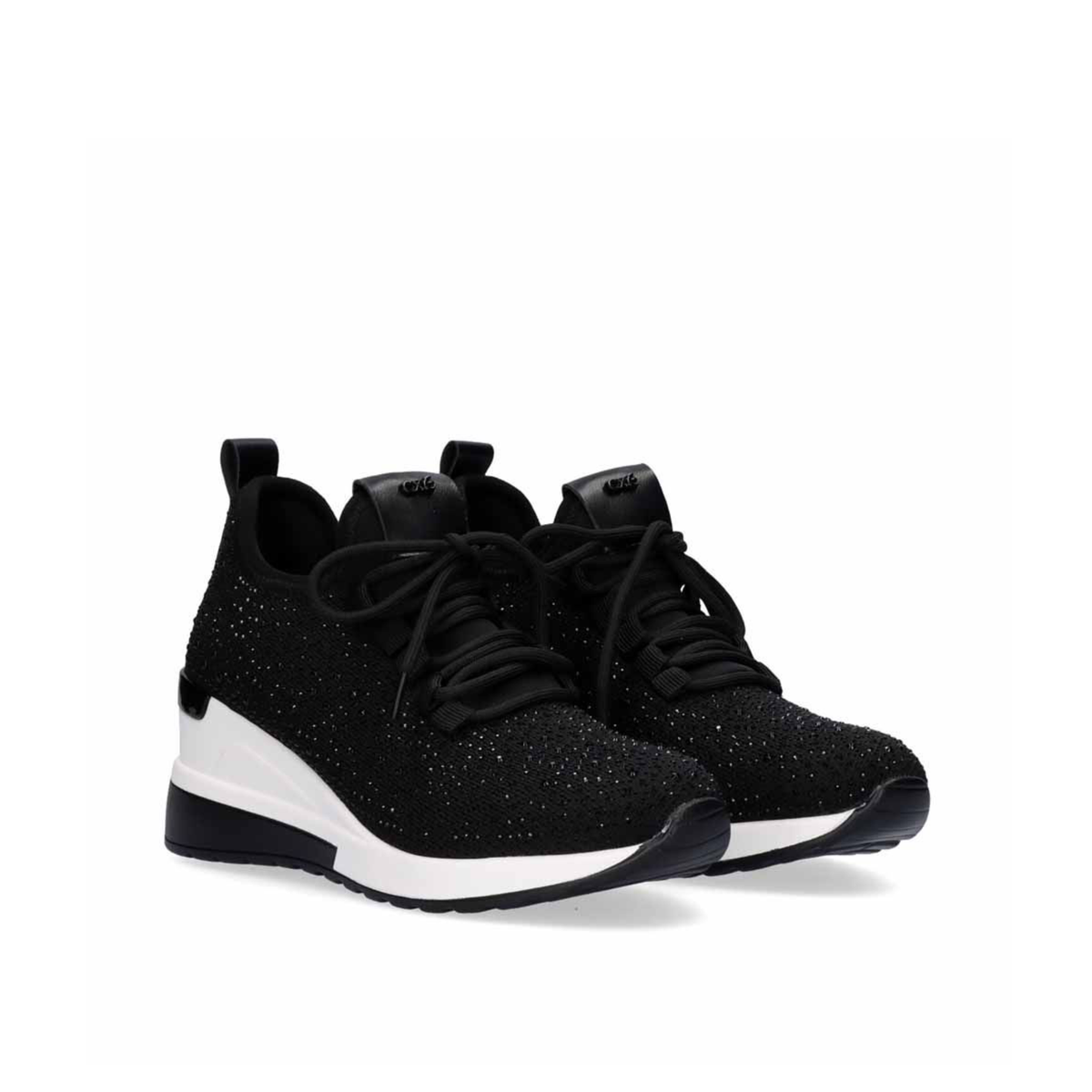 Pair of Renato Garini EX13 black embellished knit wedge sneakers at a three-quarter angle, showing lace-up fronts and black-and-white soles