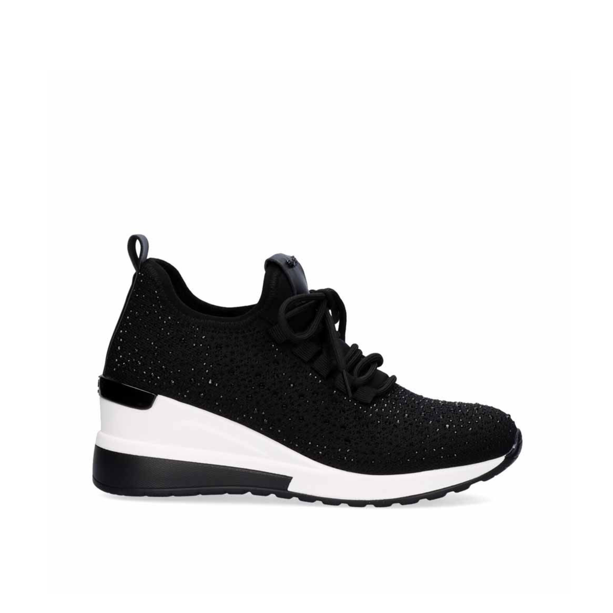 Renato Garini EX13 black knit wedge sneaker with subtle stone embellishments, tonal laces and contrasting white sole, side profile