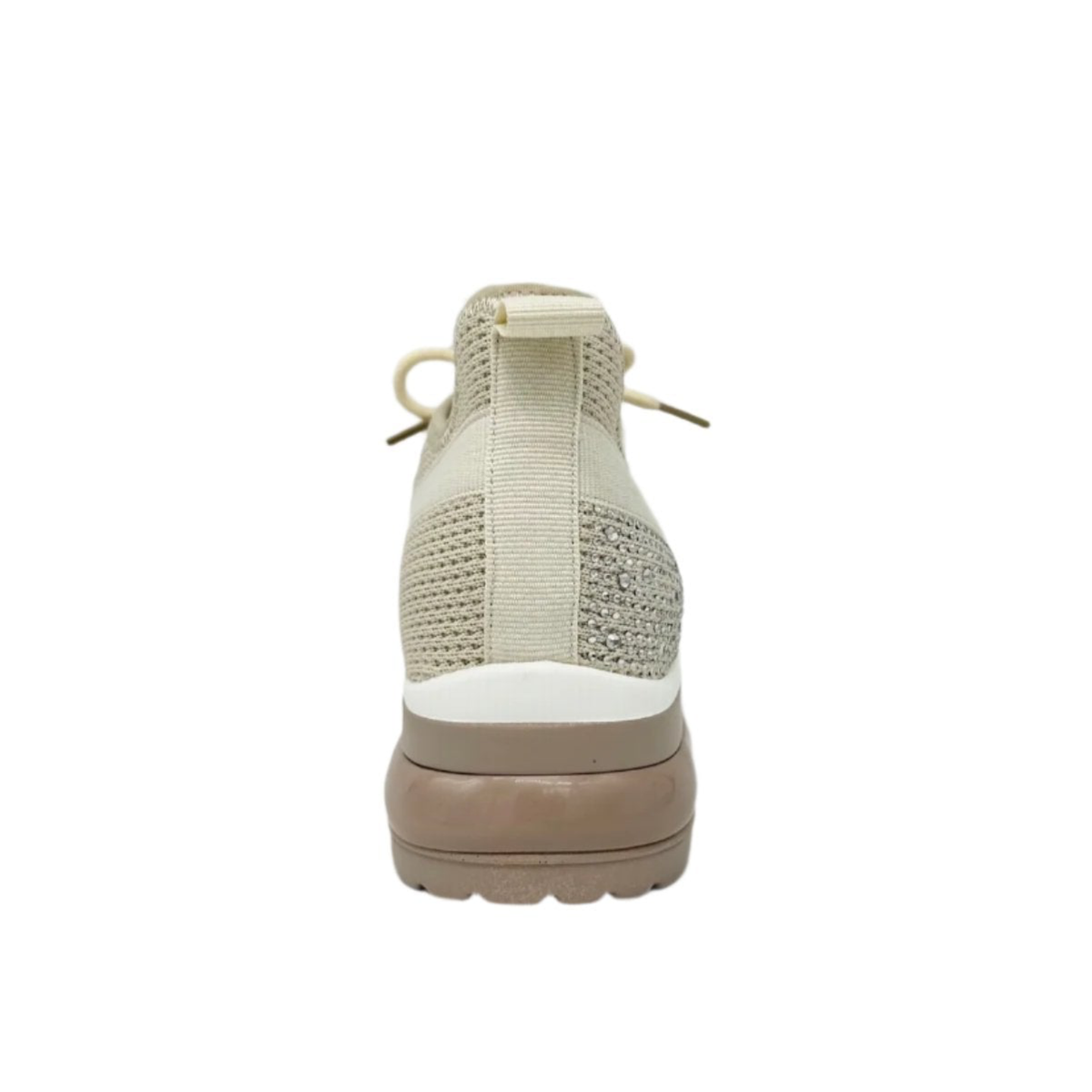 Rear view of Renato Garini EX14 beige platform sneaker showing rhinestone heel detail, pull tab and sculpted sole