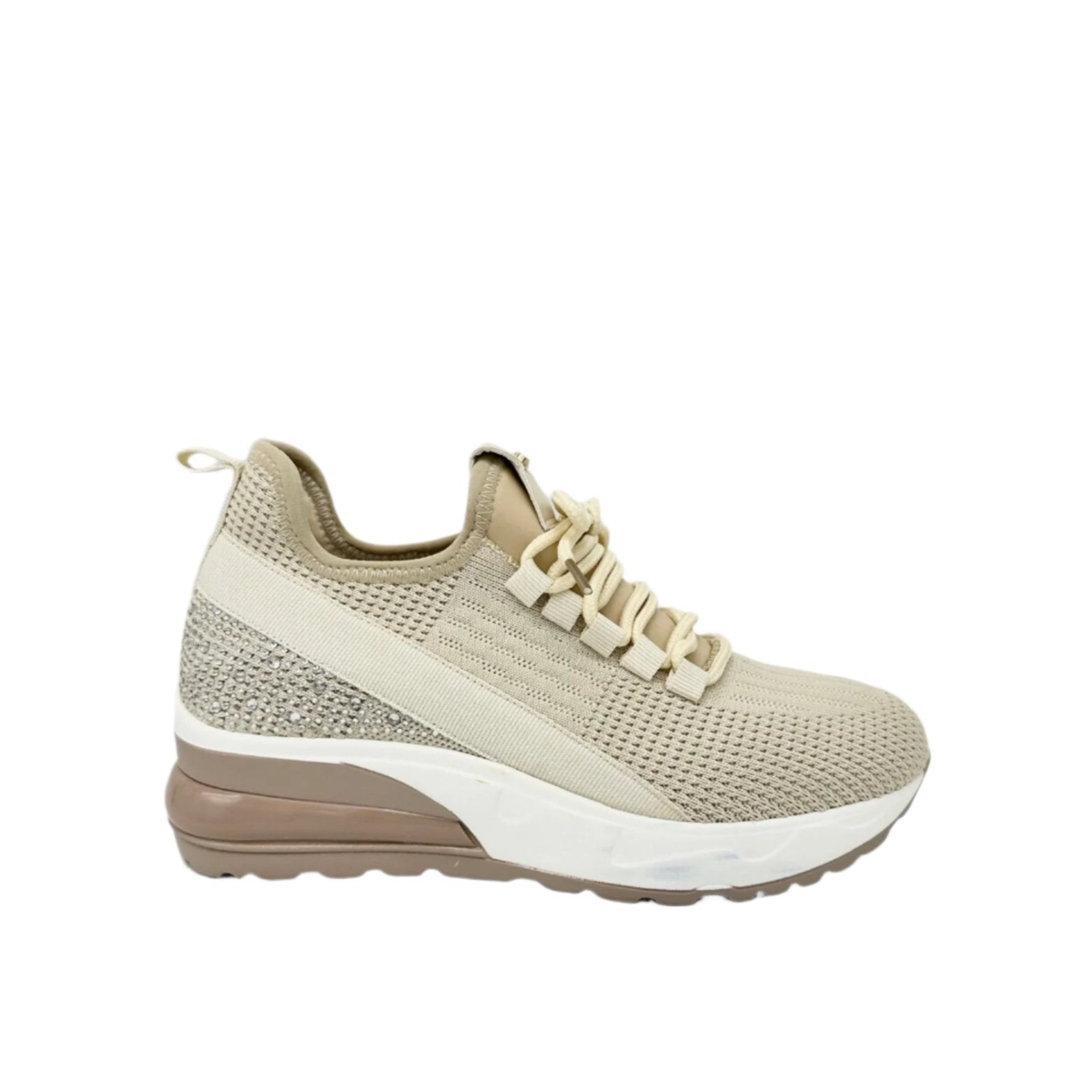 Renato Garini EX14 beige platform sneaker with textured upper, tonal laces and rhinestone heel panel, side profile