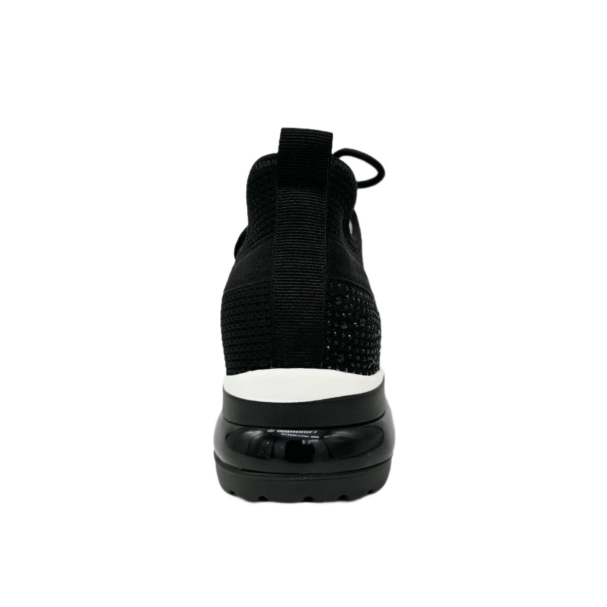 Rear view of Renato Garini EX14 black platform sneaker showing rhinestone heel detail, pull tab and sculpted sole
