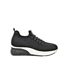 Renato Garini EX14 black platform sneaker with textured upper, stretch laces and rhinestone heel panel, side profile