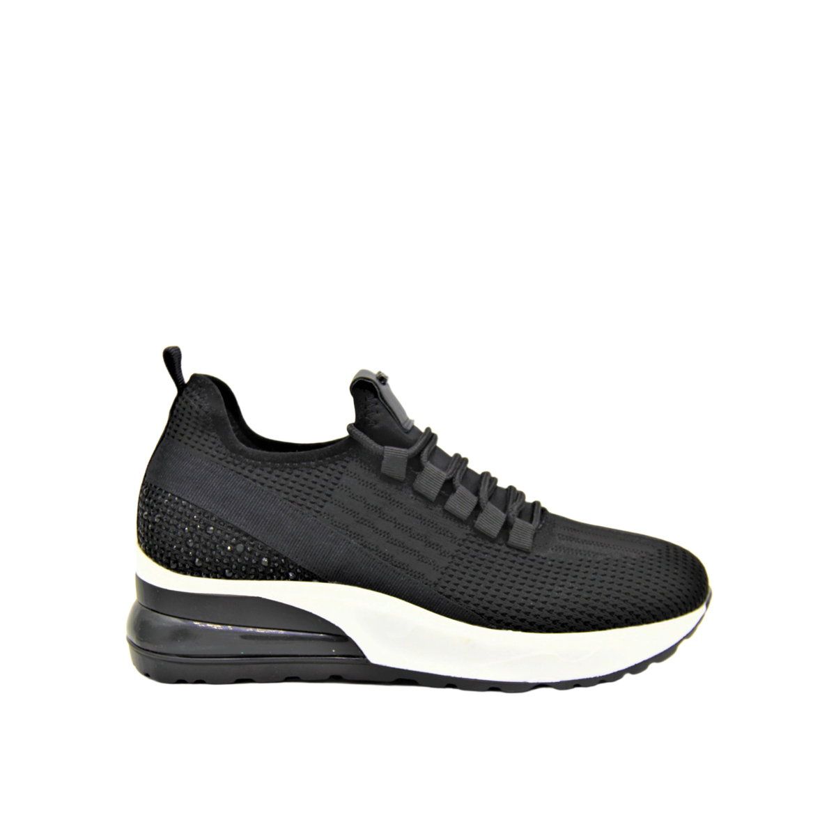 Renato Garini EX14 black platform sneaker with textured upper, stretch laces and rhinestone heel panel, side profile