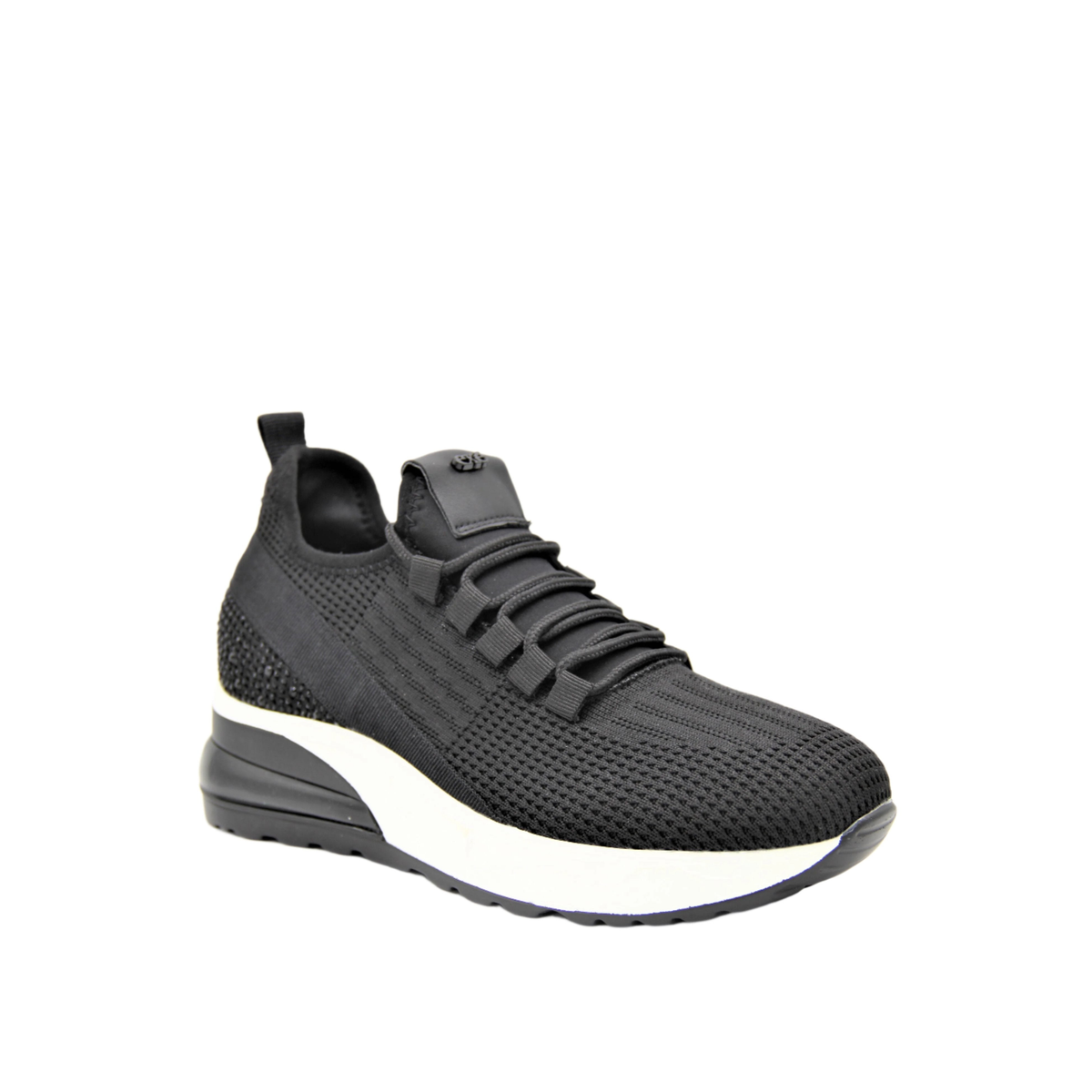 Renato Garini EX14 black platform sneaker at a three-quarter angle, showing stretch laces, textured toe and contrasting white sole